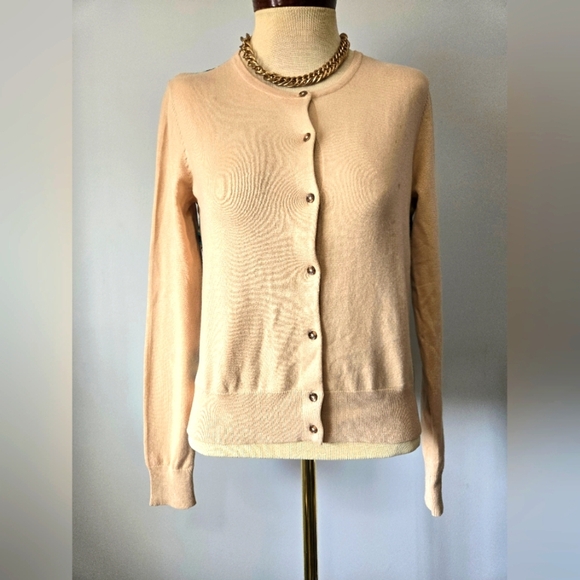 NEEDLE POINT Cream Cardigan With Vinrant Teal Back And Elbow Patches. Size Small - Picture 2 of 10